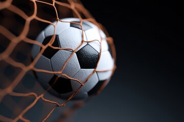 Football kick intensity concept. Soccer ball hitting the net in an intense moment of the game.