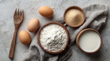 Baking essentials: flour, eggs, sugar, and milk on a textured surface with a wooden fork.