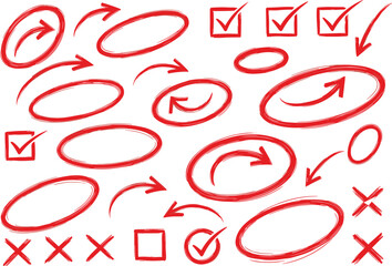 Red marker hand drawn arrows, circles, check marks, cross symbols, sketch highlight elements for notes, presentation, correction and design