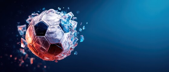 Football kick intensity concept. Explosive soccer ball made of geometric shapes and bright colors.