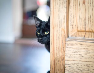 Black cat peeking from behind a door