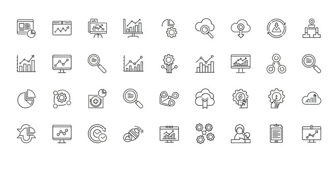 Vector Icons Set of Data Analysis and Business Intelligence Thin Line Icon Set. EPS Editable