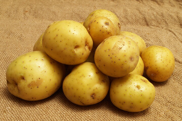 Fresh potatoes in a jute bag