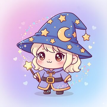 A cute little witch wearing a pointed hat and colorful outfit, holding a magic wand, digital illustration