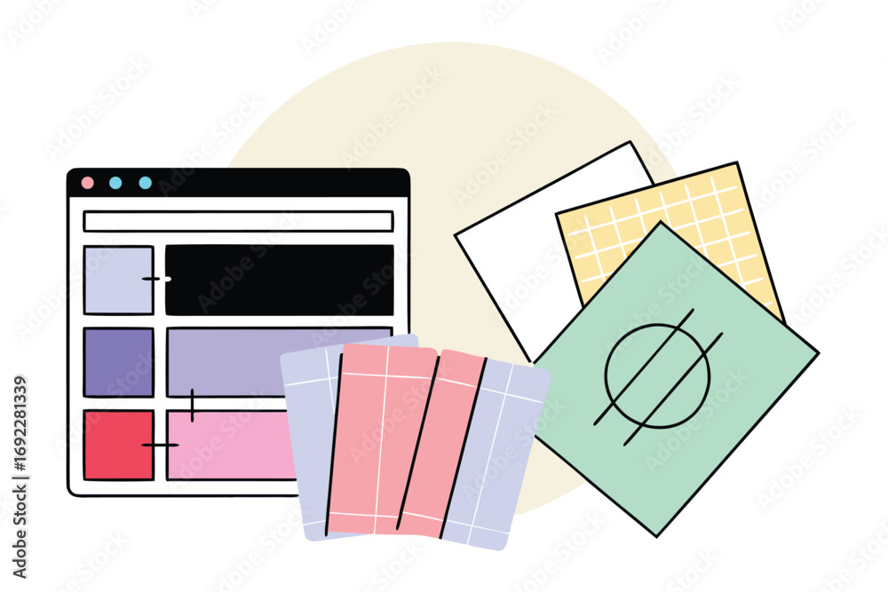 Wall mural illustration of a website layout design is shown with colorful sticky notes and design elements