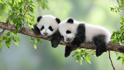 Obraz premium Two adorable panda cubs peacefully rest nestled together on a branch, their soft fur and innocent expressions creating a serene and captivating image.