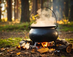 Black cauldron steaming over campfire in autumn forest