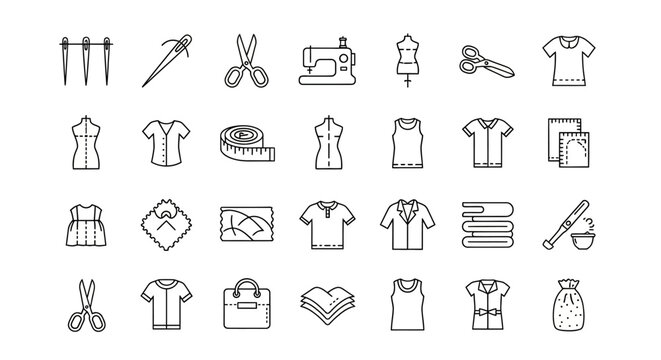 Vector Icons Set of Hand drawn sewing and tailoring line art icon set for fashion design. EPS Editable