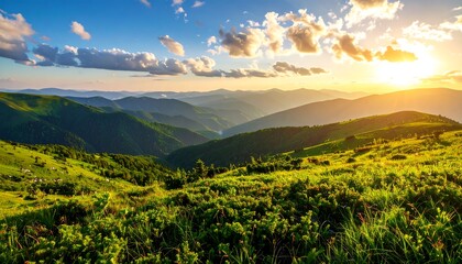 Obraz premium Mountain vista at sunset. Lush green valley
