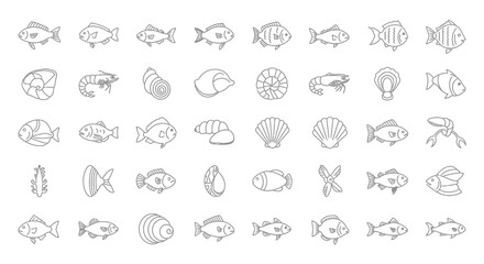Vector Icons Set of Large collection of hand drawn fish and seafood line art icons. EPS Editable