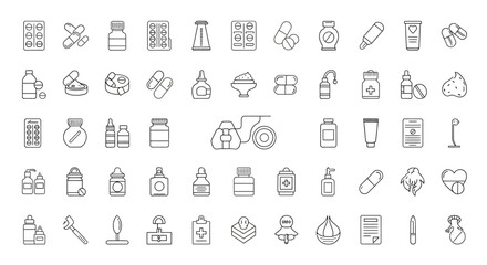 Vector Icons Set of Medicine and Pharmacy Outline Icons Set for Healthcare. EPS Editable