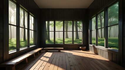 Sunlit modern living room with large windows overlooking lush greenery serene ambiance