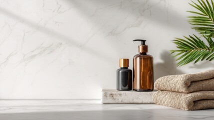 Minimalist bathroom scene with folded towels, shampoo bottles, and green leaf decor on marble countertop against grey tiled wall.