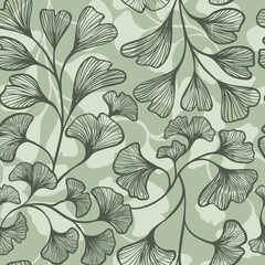 Seamless floral ginkgo biloba vector concise delicate linear handmade pattern for fabric design decor ceramics postcards flowers textured print on green background