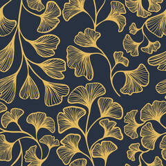 Seamless floral golden ginkgo biloba vector concise delicate doodle handmade design for fabric design ceramics decoration postcards flowers textured print on dark background