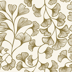 Seamless floral ginkgo biloba vector concise delicate doodle handmade design for fabric design decor ceramics postcards flowers textured print on beige background