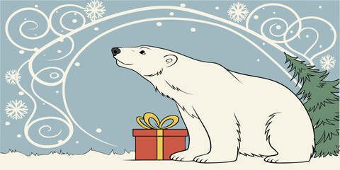 Christmas Polar Bear beside Gift Box