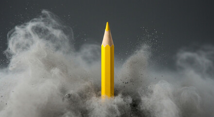 Bright yellow pencil stands tall amidst swirling smoke and dust, symbolizing powerful creativity and innovation.
