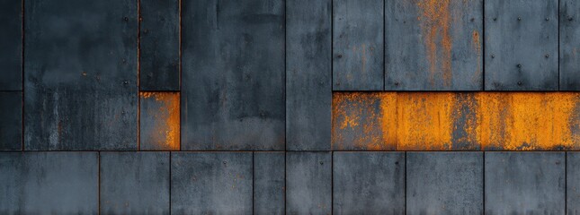 Grunge industrial wall made of black and orange corroded metal panels with rivets, peeling paint, and weathered textures.