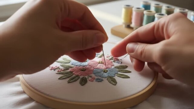 Floral embroidery art work process hand crafting needle point project hobbyist