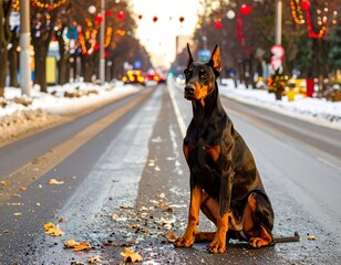 Black Doberman on a snowy city street