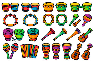 Colorful collection of musical instruments showcases diverse percussion and string types for festive gatherings or performances
