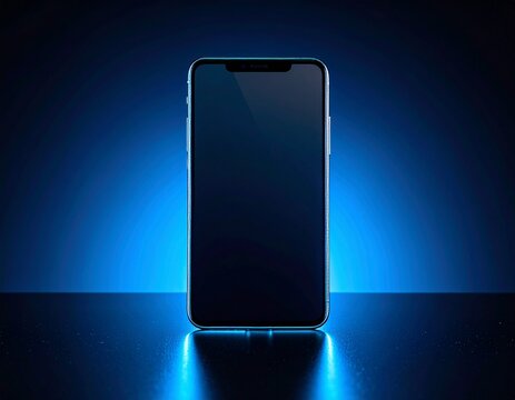 Sleek smartphone on a reflective surface with captivating blue glow, perfect for tech product marketing