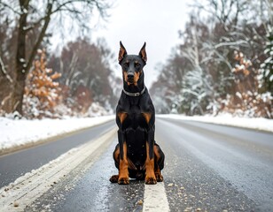 Black Doberman sitting on a snowy road