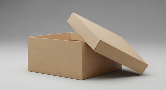 An open, empty cardboard box with its lid slightly ajar, isolated on a neutral background