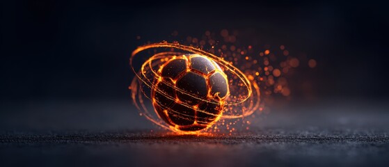 Football kick intensity concept. Abstract glowing soccer ball with light trails and sparks.