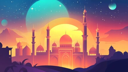 Majestic Mosque at Sunset: A Vibrant Arabian Nightscape