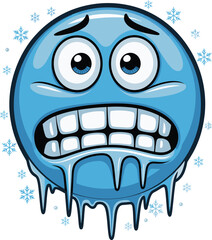 Frozen emoji face with icicles, winter cold expression, blue cartoon emoticon, freezing weather icon, icy illustration, snowflake background