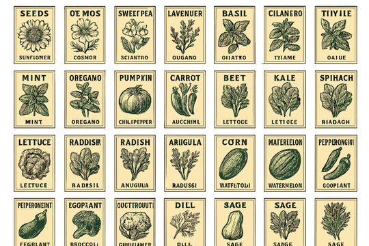 Gardening seed packet designs featuring various herbs and vegetables in a vintage style