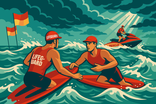 Lifeguards performing ocean rescue during stormy weather with jet ski and rescue boards