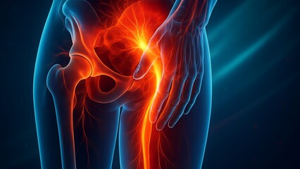 Obraz premium Abstract Futuristic Illustration of Human Hip and Upper Leg with Glowing Bones, Muscles, and Blood Vessels