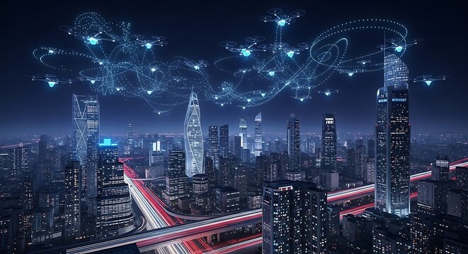 Futuristic Cityscape with Network Connections and Modern Architecture.