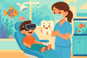 Obraz premium Child in a dentist's office wearing virtual reality glasses while the dentist shows a tooth model