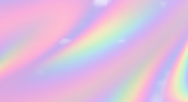 Vibrant iridescent holographic foil texture with pastel pink, purple, blue, green, yellow gradients, soft light reflections, shimmering flat lay overhead shot. Concept of digital elegance