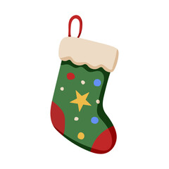 A green and red Christmas stocking with a star on it. The star is in the middle of the stocking and is surrounded by colorful dots