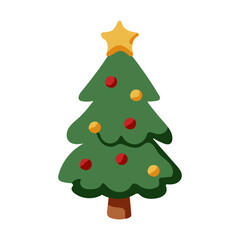 A cartoon Christmas tree with a star on top. The tree is decorated with red and gold balls