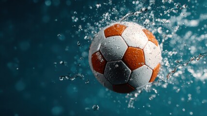 Naklejka premium Football kick intensity concept. A soccer ball splashes through water, creating dynamic visuals.