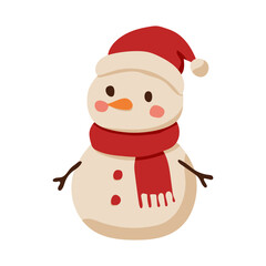 A cartoon snowman wearing a red scarf and a red hat. The snowman is smiling and he is happy