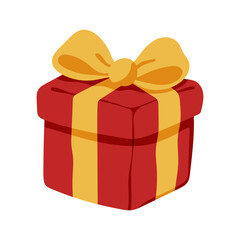 A red box with a yellow ribbon on top. The box is empty and ready to be opened