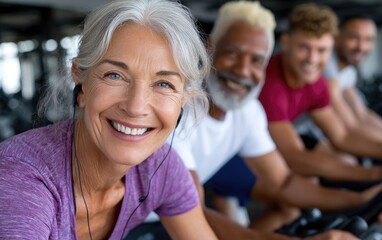 Fototapeta premium a group of middle-aged people riding spinning gym bike in the home, one woman with gray hair wearing purple shirt and black shorts is at front left on red emotion bench
