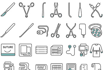 Obraz premium Illustration of various surgical and medical instruments including scissors, sutures, medical devices, and equipment
