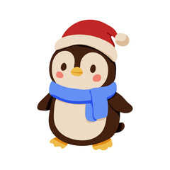 A penguin wearing a red hat and blue scarf. The penguin is standing on a white background