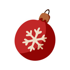 A red ornament with a snowflake on it. The snowflake is white and has a brown tip