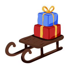 A wooden sled with two boxes on top of it. The boxes are wrapped in red and blue paper