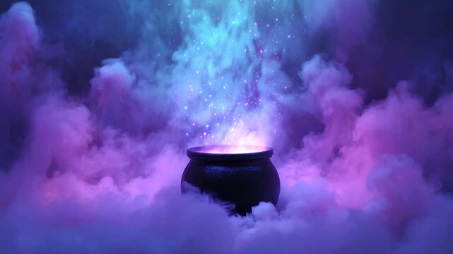 Magical cauldron with glowing smoke in vibrant purple and blue mystical fantasy atmosphere - Powered by Adobe