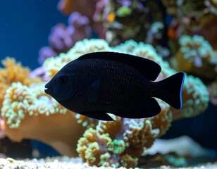 Black fish swimming among coral reefs